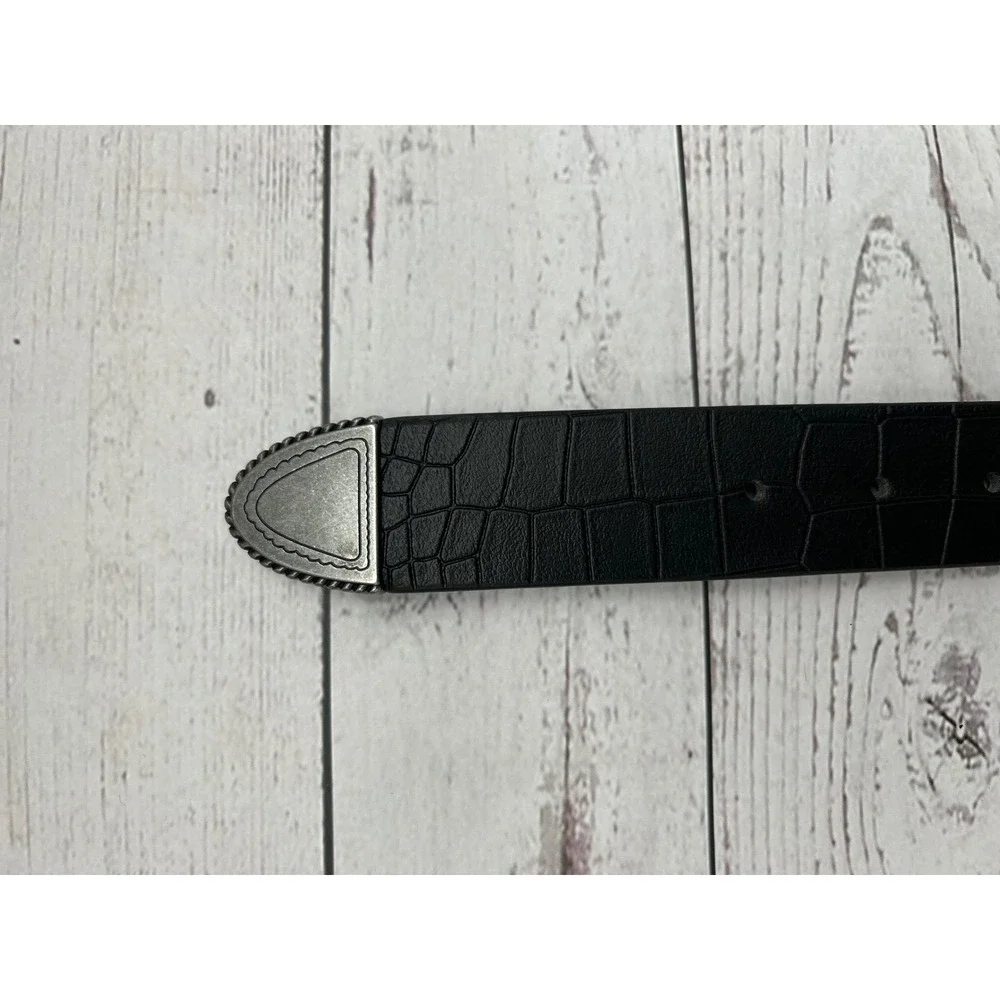 True Religion Mens‎ Black Crocodile Embossed Western Belt Silver Engraved Buckle